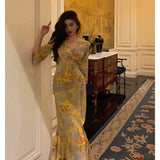 Poshoot Sexy Sheath V Neckline Floral Yellow Slit Prom Dresses Birthday Outfits Evening Gown SD1034