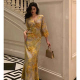 Poshoot Sexy Sheath V Neckline Floral Yellow Slit Prom Dresses Birthday Outfits Evening Gown SD1034