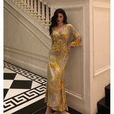 Poshoot Sexy Sheath V Neckline Floral Yellow Slit Prom Dresses Birthday Outfits Evening Gown SD1034