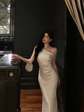 Poshoot Sexy French Sheath One Shoulder White Prom Dresses Birthday Outfits Evening Gown SD1045