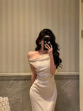 Poshoot Sexy French Sheath One Shoulder White Prom Dresses Birthday Outfits Evening Gown SD1045