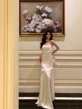 Poshoot Gorgeous Sheath Strapless White Date Night Dress Long Prom Dresses Birthday Outfits SD1059