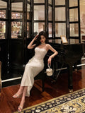 Poshoot Gorgeous Sheath Spaghetti Straps White Satin Date Night Dress Long Prom Dresses Birthday Outfits SD1067