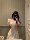 Poshoot French A line Square Neckline Short Sleeves Floral Lace Prom Dresses Birthday Outfit SD782