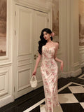 Poshoot French Sheath Spaghetti Straps Pink Floral Prom Dresses Birthday Outfits Evening Gown SD792