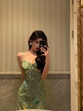 Poshoot Stunning Sheath Spaghetti Straps Green Satin Date Night Dress Prom Dresses Birthday Outfit SD797