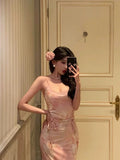 Poshoot Stunning Sheath Spaghetti Straps Pink Floral Date Night Dress Prom Dresses Birthday Outfit SD802