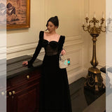 Poshoot Pretty A Line Square Neckline Long Sleeves Black Velvet Prom Dresses Birthday Outfits Evening Gown SD804