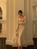 Poshoot Pretty A Line Square Neckline Long Sleeves Ivory Prom Dresses Birthday Outfits Evening Gown SD806