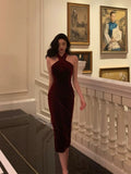 Poshoot Gorgeous Sheath Halter Burgundy Date Night Dress Velvet Prom Dresses Party Dress Birthday Outfits SD814