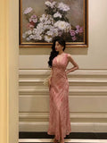 Poshoot Stunning A Line V neckline Long Date Night Dress Pink Prom Dresses Birthday Outfit SD822