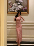 Poshoot Stunning A Line V neckline Long Date Night Dress Pink Prom Dresses Birthday Outfit SD822