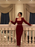 Poshoot Stunning Sheath Square Neckline Long Sleeves Date Night Dress Red Prom Dresses Birthday Outfit SD839