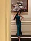 Poshoot Classy Sheath Halter Sleeveless Green Silk Satin Prom Dresses Birthday Outfits SD843