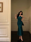 Poshoot Classy Sheath Halter Sleeveless Green Silk Satin Prom Dresses Birthday Outfits SD843