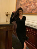 Poshoot Sexy Sheath V Neckline Long Sleeves Black Slit Prom Dresses Birthday Outfits SD844