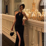 Poshoot Classy Sheath Halter Sleeveless Black Sequin Prom Dresses Birthday Outfits SD846