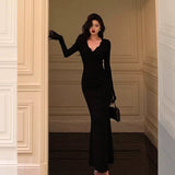 Poshoot Classy Sheath V Neckline Long Sleeves Black Prom Dresses Birthday Outfits SD849