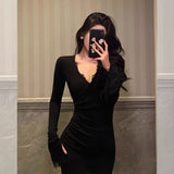 Poshoot Classy Sheath V Neckline Long Sleeves Black Prom Dresses Birthday Outfits SD849