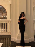 Poshoot Classy Sheath Spaghetti Straps Black Long Prom Dresses Birthday Outfits SD853