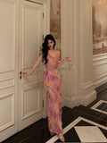 Poshoot Classy A Line Spaghetti Straps Pink Chiffon Floral Prom Dresses Birthday Outfits Evening Gown SD867