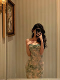 Poshoot Classy Sheath Spaghetti Straps Green Floral Lace Prom Dresses Birthday Outfits Evening Gown SD875