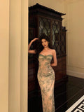 Poshoot Classy Sheath Spaghetti Straps Green Floral Lace Prom Dresses Birthday Outfits Evening Gown SD875