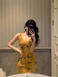 Poshoot Pretty Sheath V Neckline Yellow Floral Date Night Dress Prom Dresses Birthday Party Outfit SD890