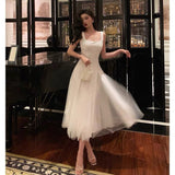 Poshoot Pretty A line Straps White Date Night Dress Tulle Prom Dresses Birthday Party Outfit SD893