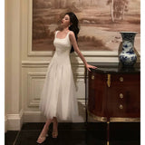 Poshoot Pretty A line Straps White Date Night Dress Tulle Prom Dresses Birthday Party Outfit SD893