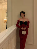 Poshoot Classy French Sheath Long Sleeves Red Prom Dresses Birthday Outfits Evening Gown SD914