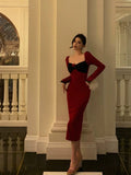 Poshoot Classy French Sheath Long Sleeves Red Prom Dresses Birthday Outfits Evening Gown SD914