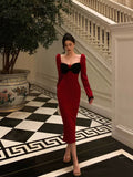 Poshoot Classy French Sheath Long Sleeves Red Prom Dresses Birthday Outfits Evening Gown SD914