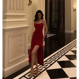 Poshoot Simple High Low Spaghetti Straps Red Prom Dresses Birthday Outfits Evening Gown SD917