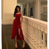 Poshoot Simple High Low Spaghetti Straps Red Prom Dresses Birthday Outfits Evening Gown SD917