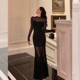 Poshoot Sexy Sheath Scoop Long Sleeves Black Prom Dresses Birthday Outfits Evening Gown SD921