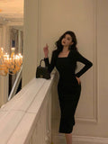 Poshoot Classy Sheath Square Neckline Black Prom Dresses Birthday Outfits Evening Gown SD937