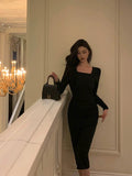 Poshoot Classy Sheath Square Neckline Black Prom Dresses Birthday Outfits Evening Gown SD937