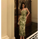 Poshoot Elegant Sheath Spaghetti Straps Floral Green Prom Dresses Birthday Outfits Evening Gown SD943