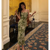 Poshoot Elegant Sheath Spaghetti Straps Floral Green Prom Dresses Birthday Outfits Evening Gown SD943