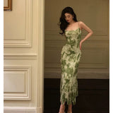 Poshoot Elegant Sheath Spaghetti Straps Floral Green Prom Dresses Birthday Outfits Evening Gown SD943