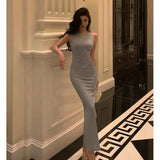 Poshoot Elegant Sheath Scoop Neckline Dusty Blue Slit Prom Dresses Birthday Outfits Evening Gown SD955