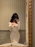 Poshoot Sexy Sheath Strapless White Long Sleeves Prom Dresses Birthday Outfits Evening Gown SD960