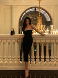 Poshoot Elegant Sheath Strapless Black Prom Dresses Beads Birthday Outfits Evening Gown SD962