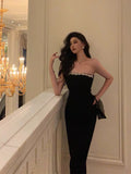 Poshoot Elegant Sheath Strapless Black Prom Dresses Beads Birthday Outfits Evening Gown SD962