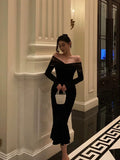 Poshoot Elegant Mermaid Off The Shoulder Long Sleeves Black Prom Dresses Birthday Outfits Evening Gown SD963