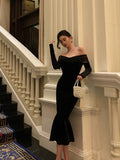 Poshoot Elegant Mermaid Off The Shoulder Long Sleeves Black Prom Dresses Birthday Outfits Evening Gown SD963