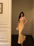 Poshoot Elegant Mermaid Spaghetti Straps Yellow Long Prom Dresses Birthday Outfits Evening Gown SD965