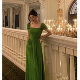 Poshoot Elegant A Line Square Neckline Green Long Prom Dresses Birthday Outfits Evening Gown SD978