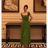 Poshoot Elegant A Line Square Neckline Green Long Prom Dresses Birthday Outfits Evening Gown SD978